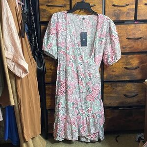 Chic Pink and Green Floral Midi Dress